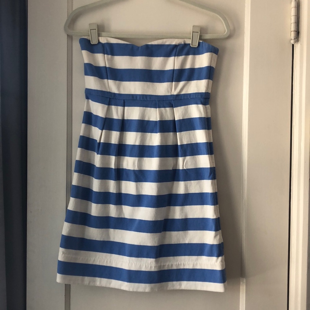 Strapless blue stripe J. Crew occasion dress